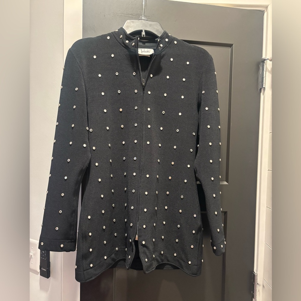 Vintage Tadashi Shoji Rhinestone Skirt Suit Zip Up Jacket Dress Studded Black L